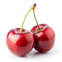 Two ripe cherries with green stems against a white backdrop