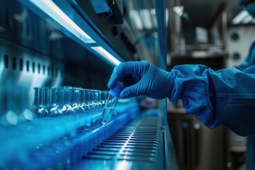 A gloved hand reaches into a laboratory refrigerator to retrieve a vial.