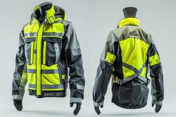 Fototapeta premium Front and back view of a reflective hivis work jacket for job safety