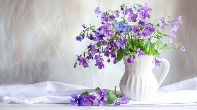 Spring bouquet of sweet violet flowers in vase on white background Studio photo of decorative still life with purple and blue flowers in a jug - Powered by Adobe