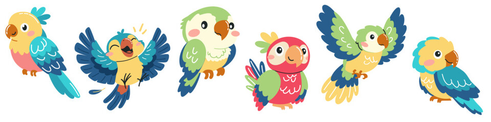 Set of vector illustrations in children's style. Cute cartoon parrots in different poses . Vector illustration