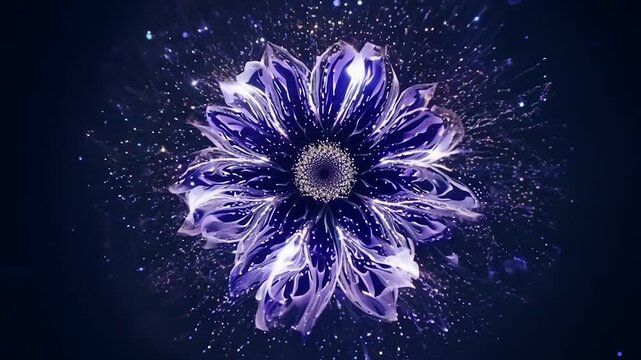 Abstract flower shape with glowing particles swirling around on a dark background. Perfect for projects related to nature, beauty, and the universe