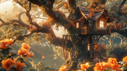 Fototapeta premium A treehouse nestled in the branches of a large tree in a summer garden, surrounded by lush foliage.