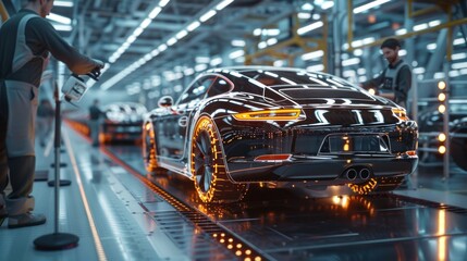The final inspection process in an automotive factory, with workers checking a completed car for quality assurance in a clean, organized environment.