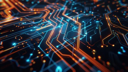 Fototapeta premium Abstract Circuitry with Glowing Orange and Blue Lines