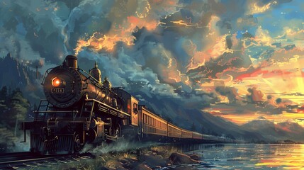Fototapeta premium A historic steam train travels along a scenic lakeside path, bathed in the vibrant hues of a breathtaking sunset, evoking nostalgia and a sense of serene beauty.