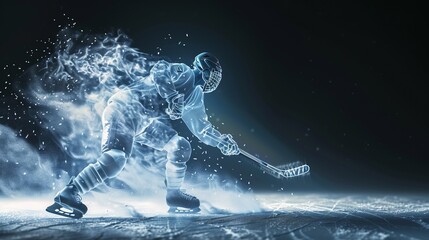 An intense ice hockey scene showing a player striking the puck with power and determination, captured with a motion blur effect on an icy, high-energy background.