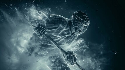 An intense and dynamic action shot of a hockey player in motion, captured mid-stride with a stick in hand, creating a sense of speed and excitement in the game.