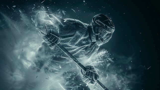 An intense and dynamic action shot of a hockey player in motion, captured mid-stride with a stick in hand, creating a sense of speed and excitement in the game.