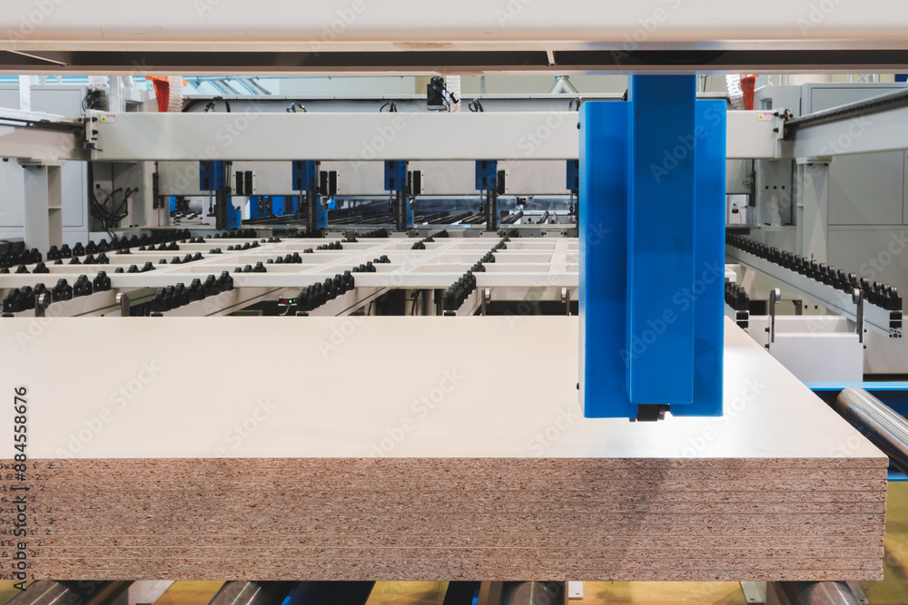 Poster a stack of wooden boards chipboard are being cut by a machine. the boards are all the same size and 