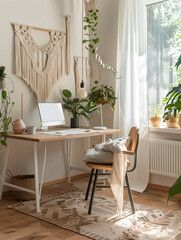 Cozy Home Office with Macrame Wall Decor and Plants.
