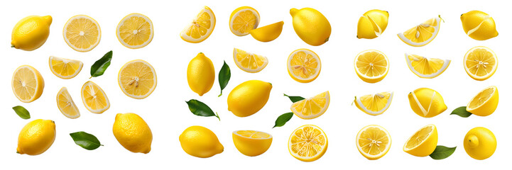 Whole, halved, and sliced lemon with green leaves isolated on a white background, png