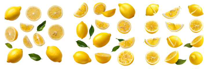 Whole, halved, and sliced lemon with green leaves isolated on a white background, png