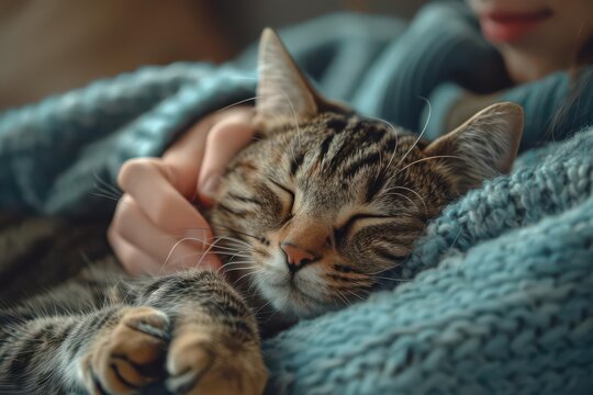 A tabby cat sleeps peacefully in the arms of a person.  The cat's eyes are closed and its face is relaxed. The person's hand gently strokes the cat's head. - Powered by Adobe