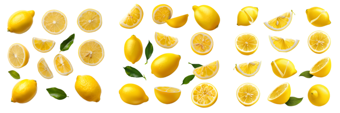 Whole, halved, and sliced lemon with green leaves isolated on a white background, png