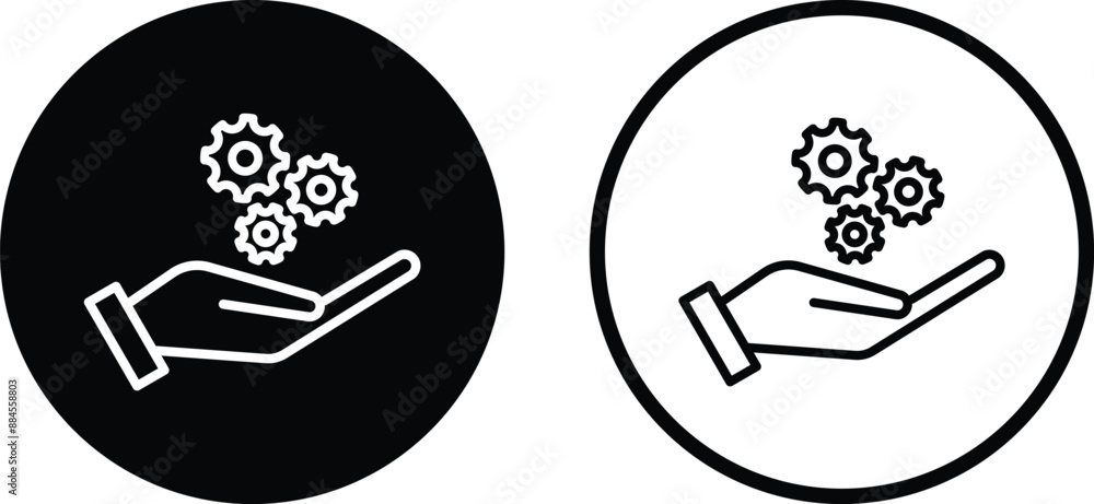 Aufkleber gears in hand icon in two styles . settings icon . support icon vector