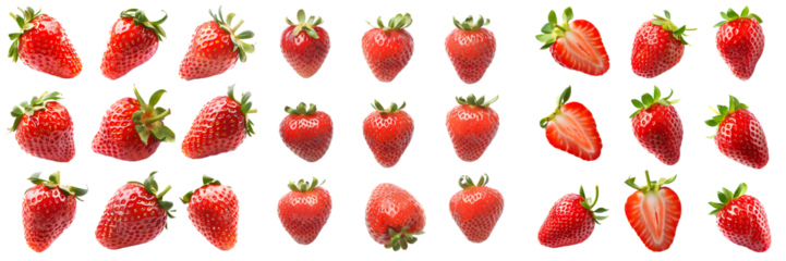 Whole and varied strawberries in a grid pattern isolated on a white background, png