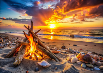 Warm golden light of sunset falls on a serene beach campfire scene with driftwood and shells, offering ample copy space for text or design elements.