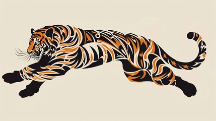 This image features an abstract tiger design characterized by vibrant orange, black, and white patterns, giving the impression of dynamic movement.