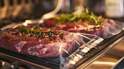 Raw veal calf brisket beef set,with ingredients for smoking making barbecue, pastrami, cure, vacuum sealed ready for sous vide cooking, on old dark wooden table background, with copy space for text