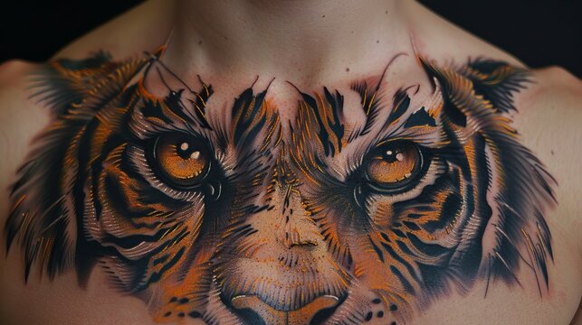 A vivid tiger face tattoo on the chest with striking orange highlights, showcasing the fierce intensity and enigmatic beauty of this powerful animal in detailed ink artistry.