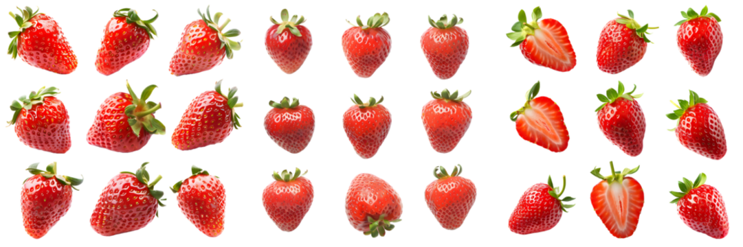 Whole and varied strawberries in a grid pattern isolated on a white background, png
