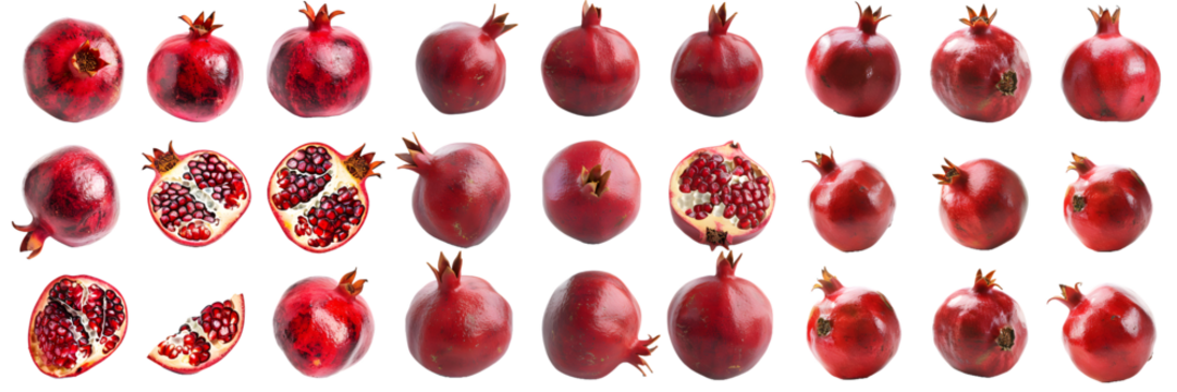 Pomegranate collection with various states of peeling and seeds isolated on a white background, png