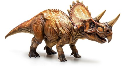 Orange Triceratops with intricate body patterns and large frill, standing and presenting a vivid and detailed representation of the majestic prehistoric creature.