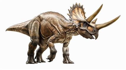 Fototapeta premium Realistic depiction of a brown Triceratops with black details on its body and a prominent frill, standing and showing its strong and prehistoric nature.