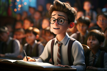 A bright-eyed young student wearing glasses and a tie, attentively taking notes in a lively classroom filled with classmates.