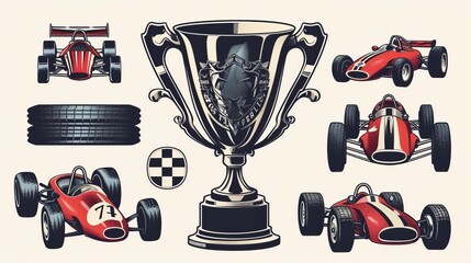 A classic racing trophy centered among vintage cars and racing elements, captures the essence of competitive spirit and nostalgia, rendered in a retro artistic style.