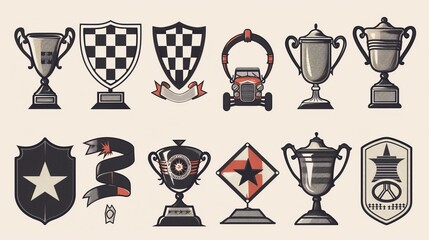 A series of assorted trophies, racing symbols, and awards, depicted with a retro aesthetic. Represents victory, accomplishment, and the passion for racing, collected design.