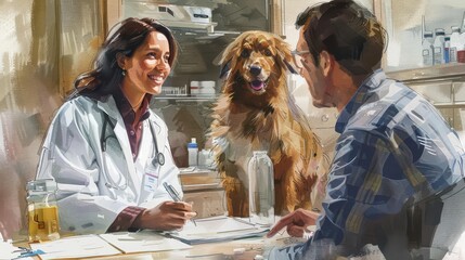 A veterinarian discussing a laboratory animal care plan with a researcher