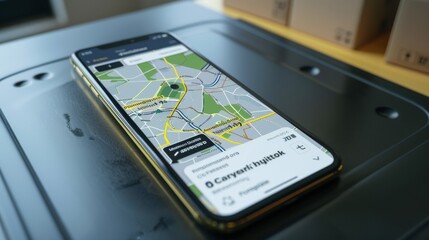 The smartphone with a map application on the screen lies on a wooden table.