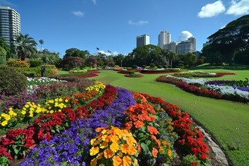 Obraz premium Vibrant flower garden with colorful blooms and urban skyline bright and lively garden scene cheerful city park lush greenery