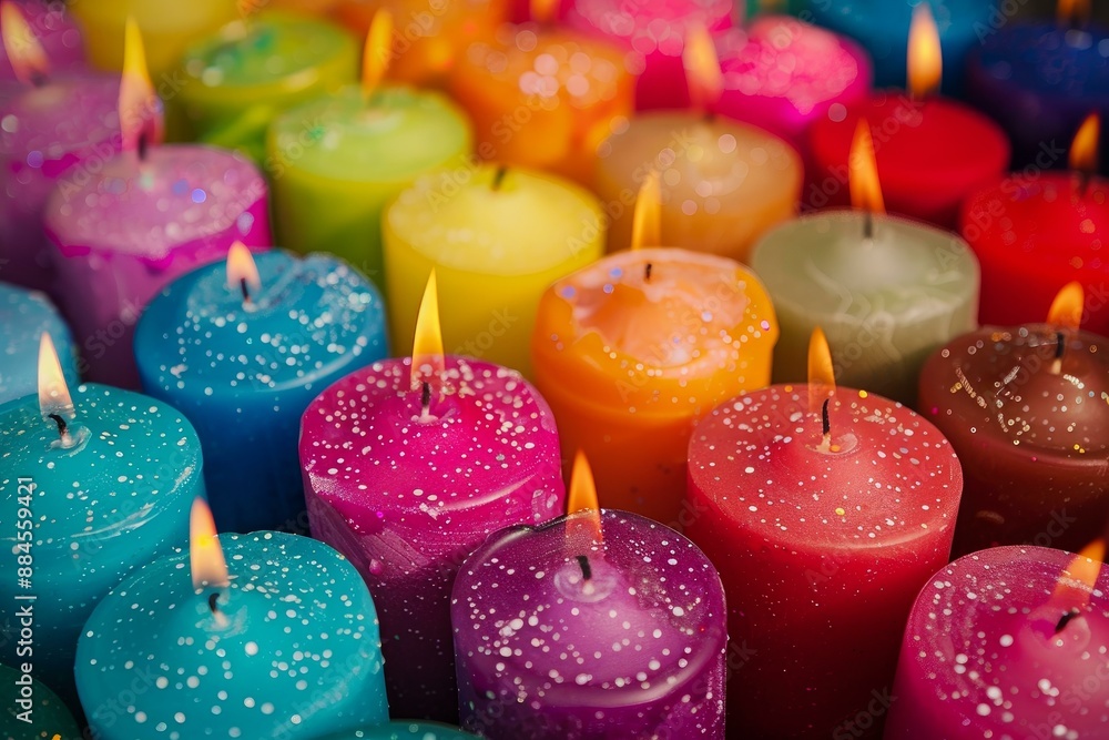 Poster close up of a diverse array of colorful candles with vibrant flames, creating a warm and cozy ambian