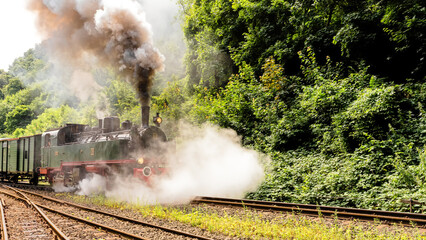 Alte Dampflok verl&auml;sst den Bahnhof