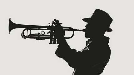 This image features a silhouette of a man wearing a hat, playing a trumpet, with a light background that emphasizes the artistic pose of the musician. Great emphasis on music and art.