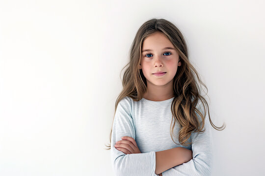 A girl standing with crossed arms in front of a white wall, minimalistic composition with copy space.