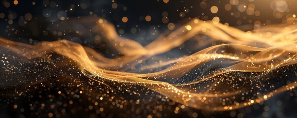 Golden ribbon flowing on black background with bokeh lights and sparkles