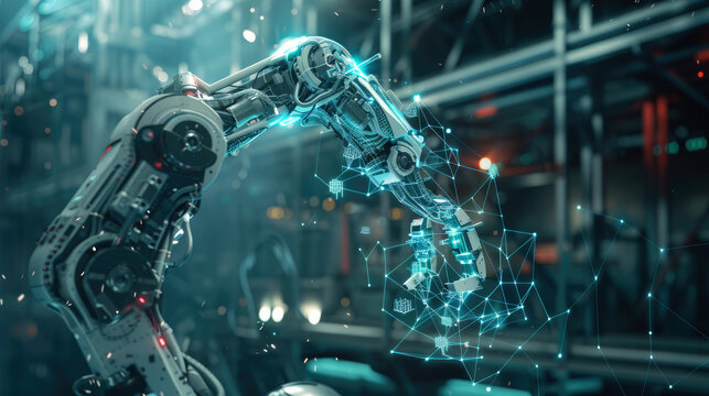 Futuristic robot arm on digital background, smart machine control process, mechanical hand with AI technology. Concept of abstract assembly line, art, industry, tech