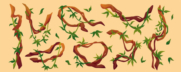 Vine jungle. Game frame collection. Forest element, ivy and liana tree with green leaves. Cartoon green palm foliage, grass isolated. Flower tropical. Border greenery. Vector plant creeper cartoon set