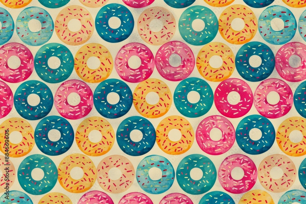 Poster vibrant pattern of various colorful donuts with different icing and sprinkles, top view