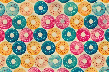 Vibrant pattern of various colorful donuts with different icing and sprinkles, top view