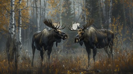 Two moose with impressive antlers stand in a dense forest with autumn foliage. The scene takes place at dawn, imparting a mystical ambiance to the setting.