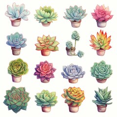 Collection of beautifully illustrated succulent plants in pots, showcasing various colors and shapes, perfect for design projects.