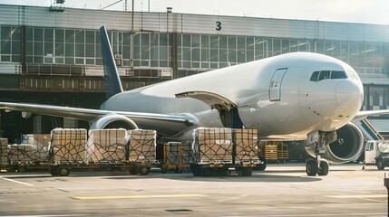 The cargo plane is being loaded with freight at the airport