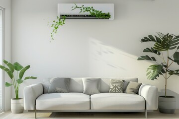 Chic Summer Comfort: Modern Living Room with Air Conditioner, Sofa, and Plant Accents