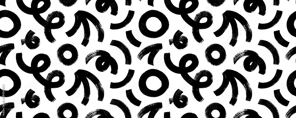Poster Bold squiggle lines, spiral and circles seamless pattern. Brush drawn thick wavy lines with dry brush texture. Grunge style black geometric shapes.