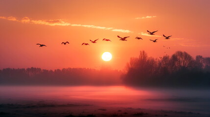 Obraz premium Silhouetted birds flying across a hazy sunrise sky